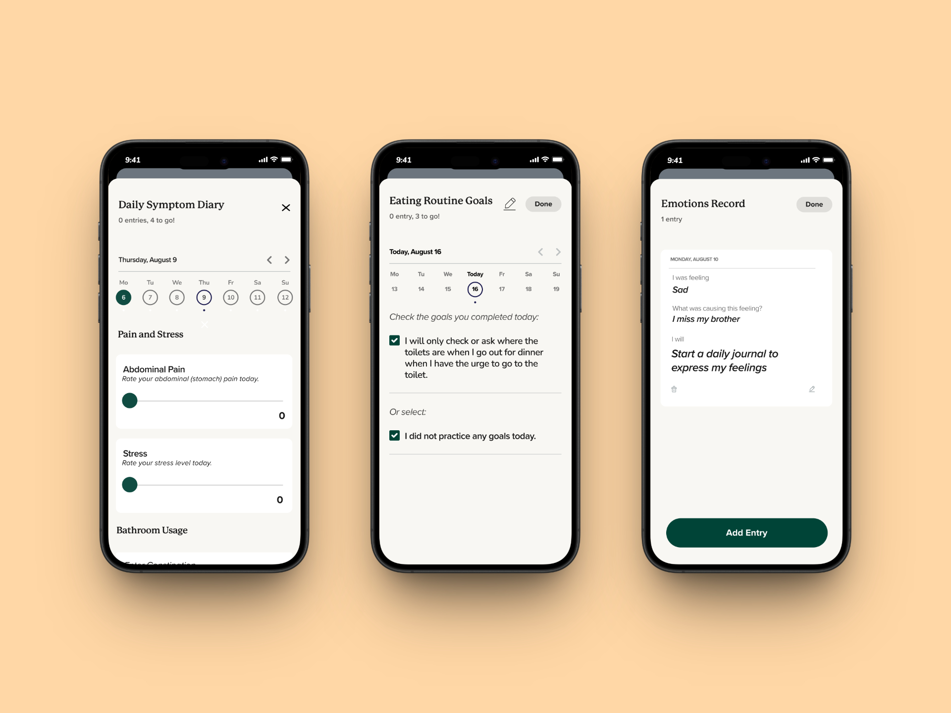 Mahana: symptom diary, behavioral goals, and emotions log